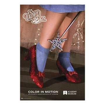 Red shoes with blue socks and a star-shaped wand, inspired by 'The Wizard of Oz', with 'Academy Museum' branding.